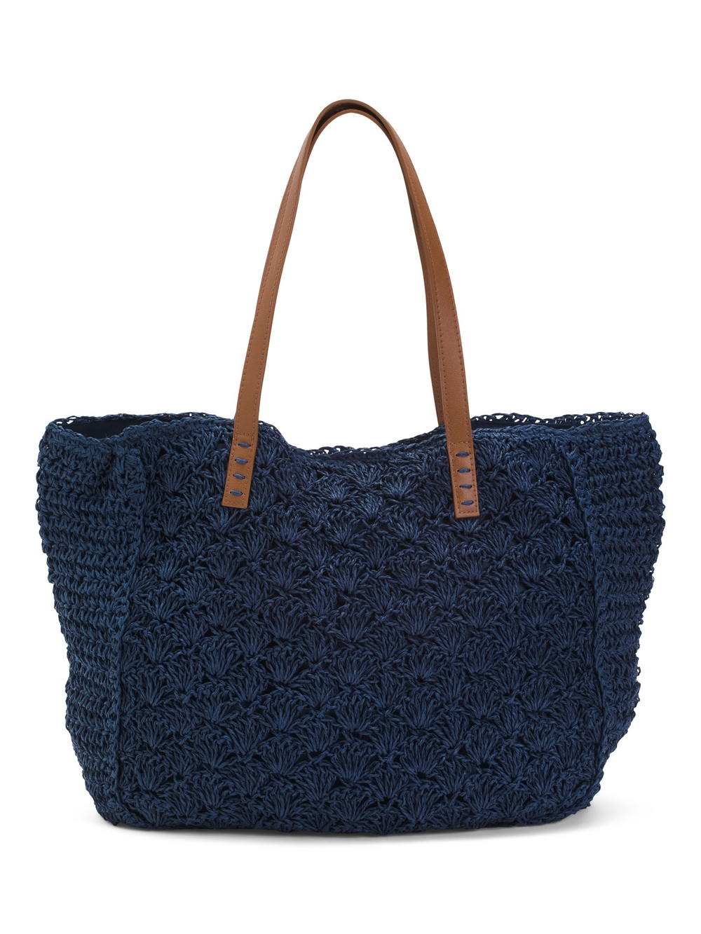 Straw Studios Navy Woven Tote with Tan Handles